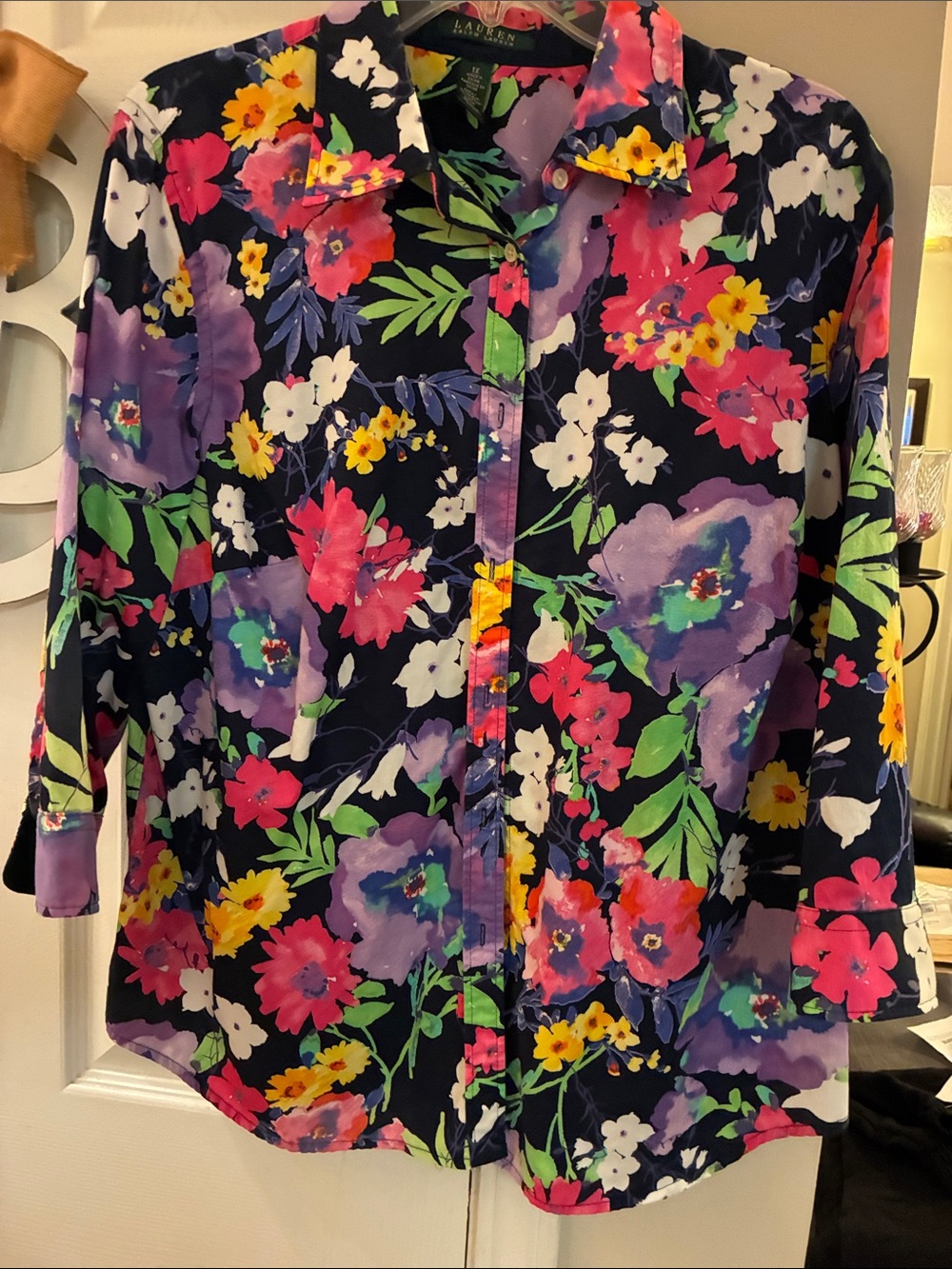 Lauren Ralph Lauren Navy Floral Button-Down Shirt with Bright Blooms